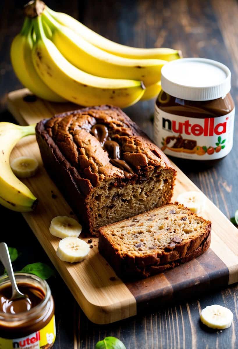 A loaf of Nutella banana bread surrounded by fresh bananas and a jar of Nutella on a wooden cutting board