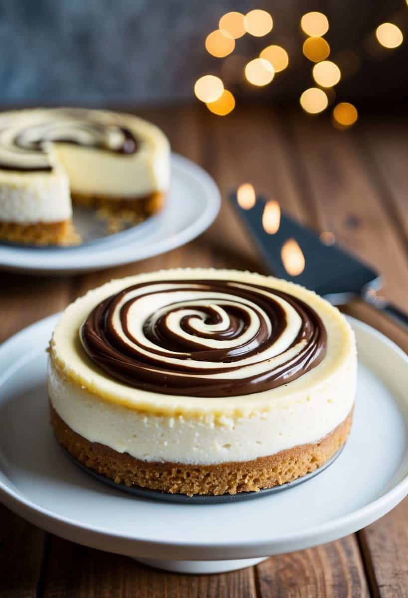 A creamy cheesecake with a swirl of Nutella on top, sitting on a graham cracker crust