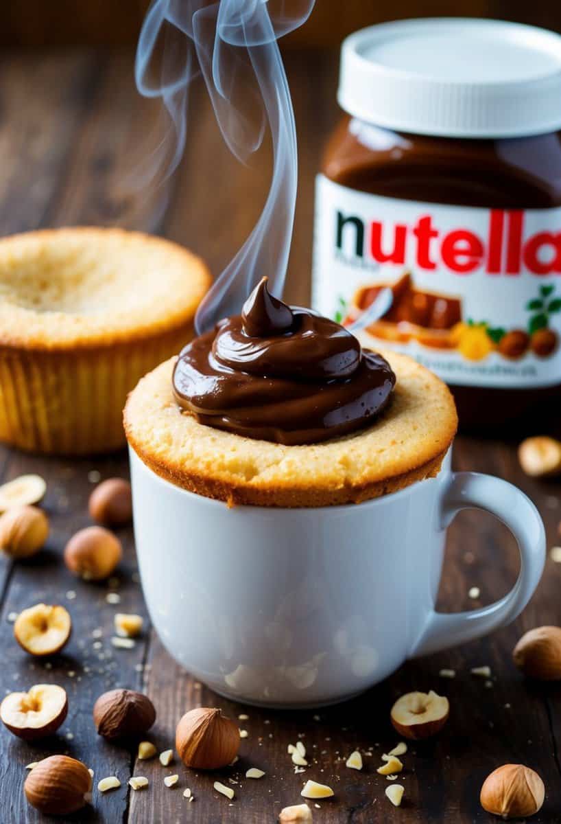 A steaming mug cake topped with Nutella, surrounded by scattered hazelnuts and a jar of Nutella in the background