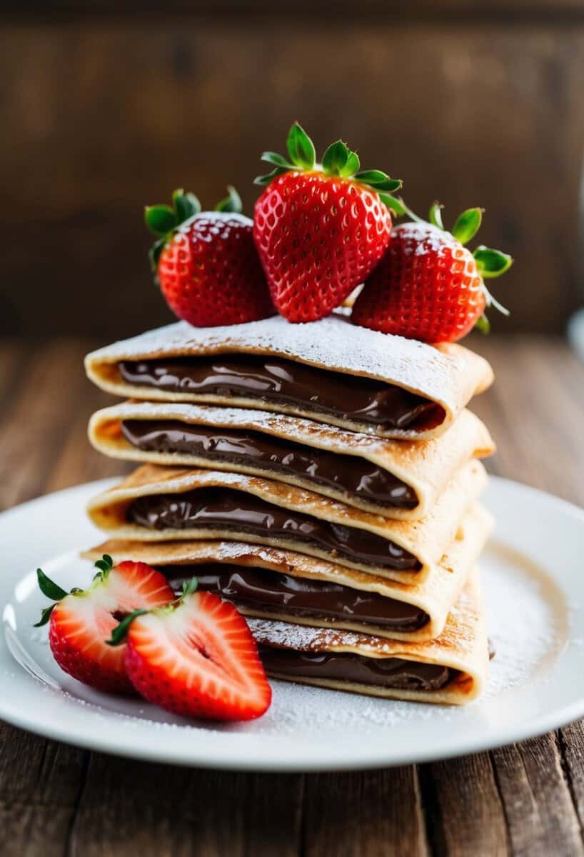 A stack of Nutella-filled crepes topped with powdered sugar and fresh strawberries on a white plate