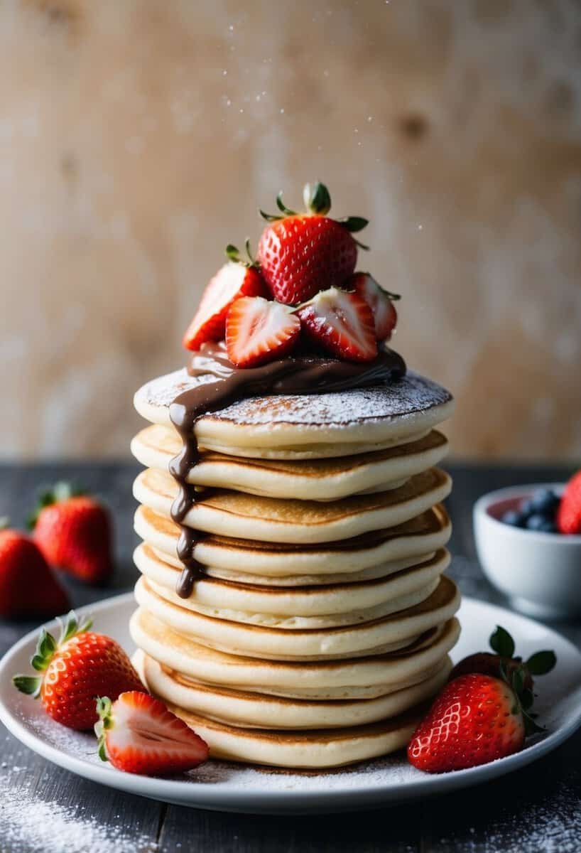 A stack of fluffy pancakes topped with swirls of Nutella and garnished with fresh strawberries and a dusting of powdered sugar