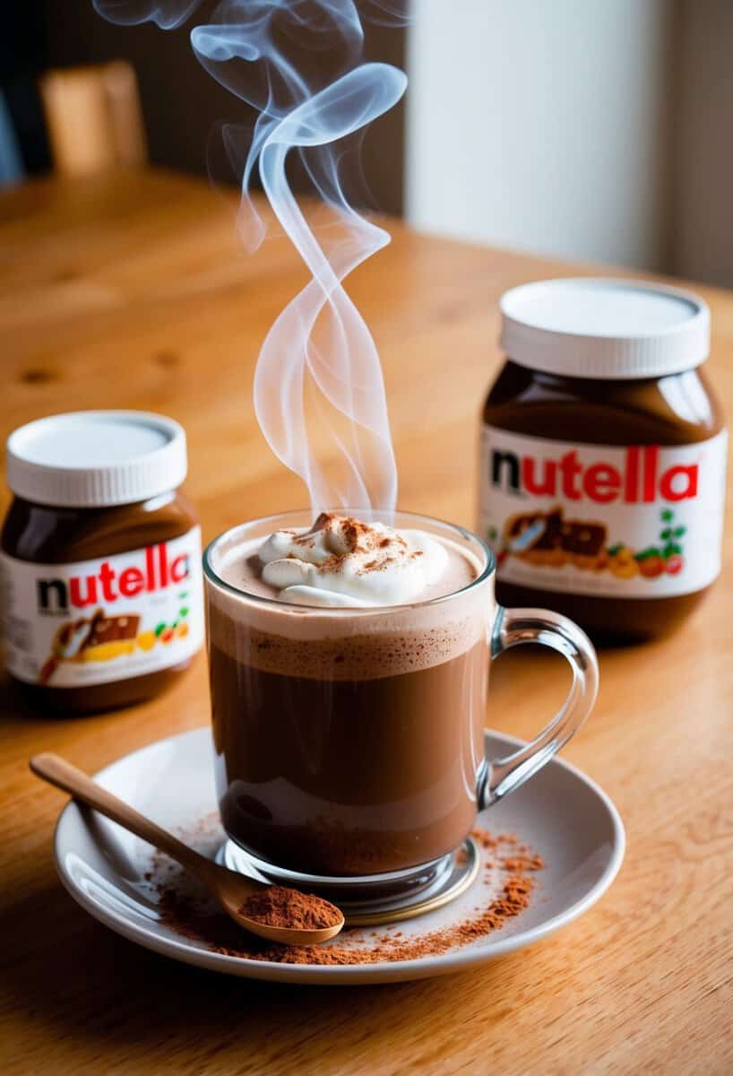 A steaming mug of Nutella Hot Chocolate on a cozy table with a jar of Nutella and a sprinkling of cocoa powder