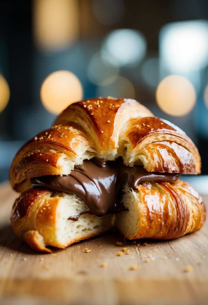 A golden-brown croissant split open, oozing with rich, creamy Nutella filling