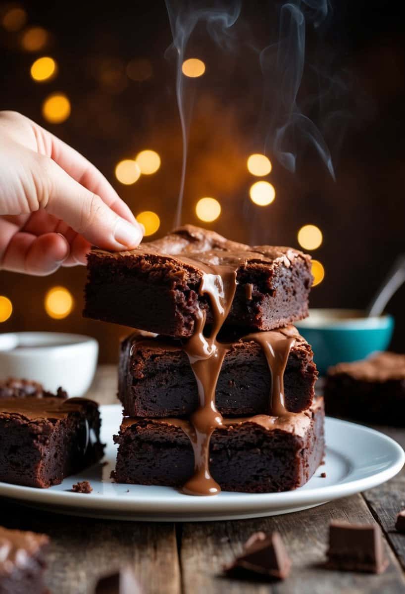 A gooey, chocolatey brownie being pulled apart, with a rich cocoa aroma filling the air