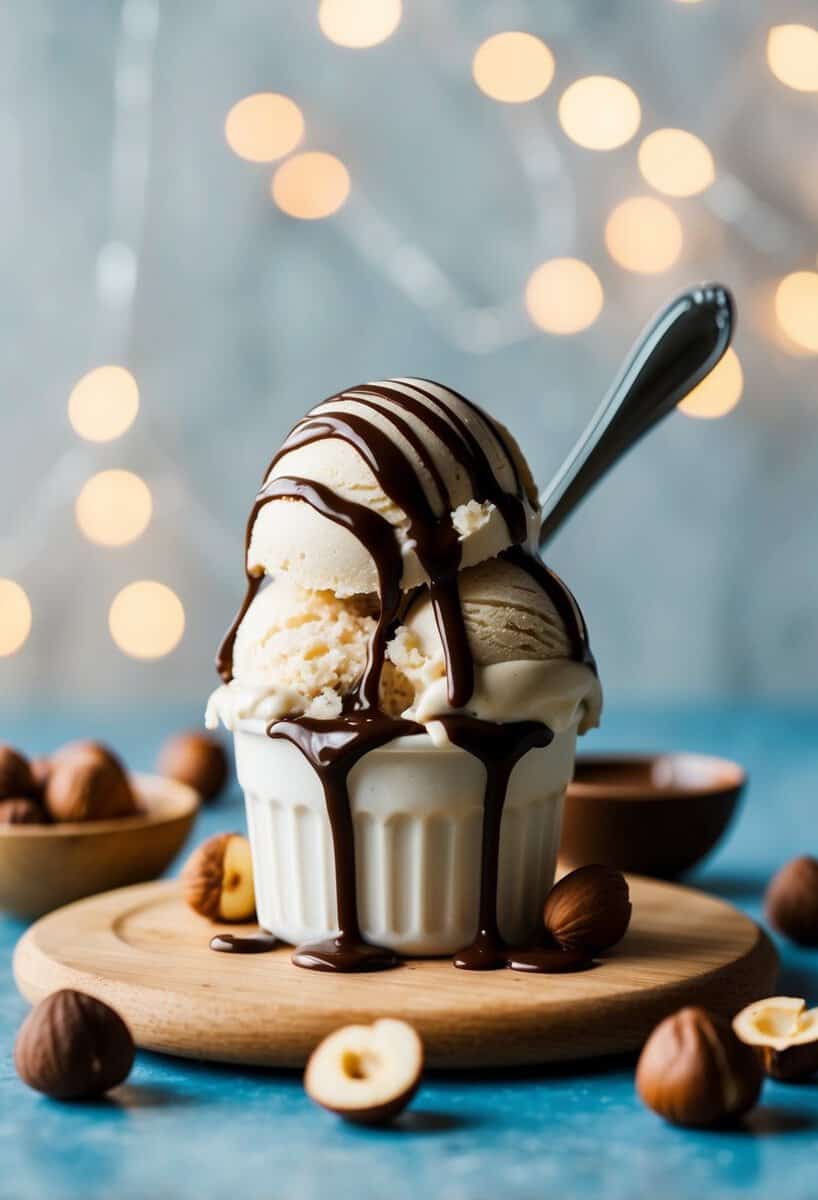 A scoop of Nutella ice cream surrounded by hazelnuts and drizzled with chocolate sauce