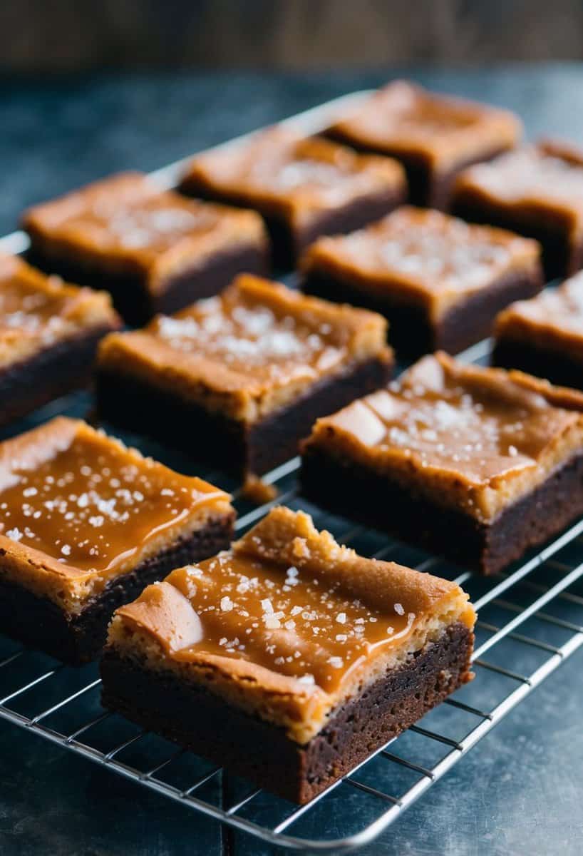 A tray of freshly baked salted caramel brownies cooling on a wire rack