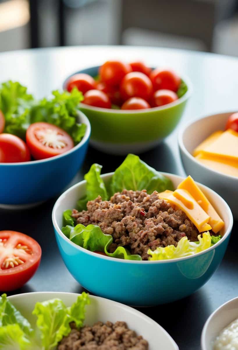 A table set with colorful burger bowl ingredients, including lettuce, tomatoes, cheese, and ground beef