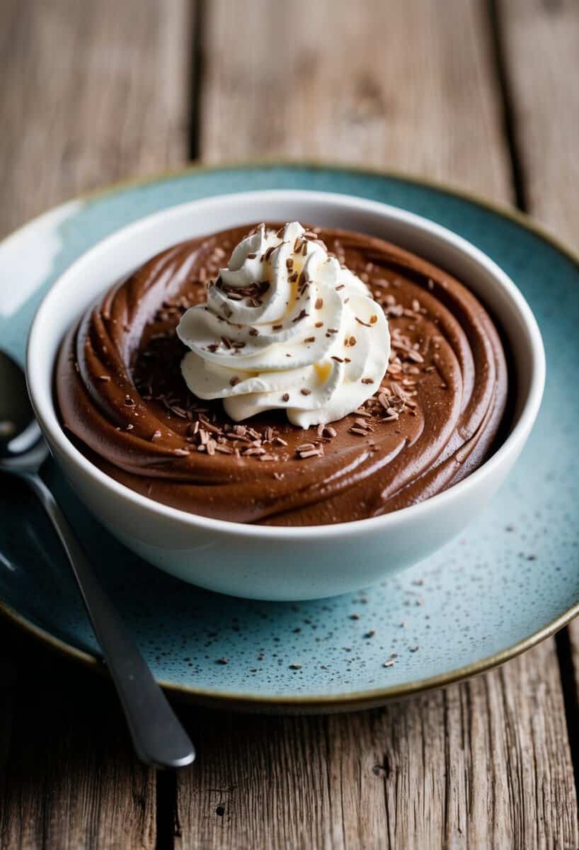 A bowl of smooth, creamy Nutella mousse topped with a dollop of whipped cream and a sprinkle of chocolate shavings