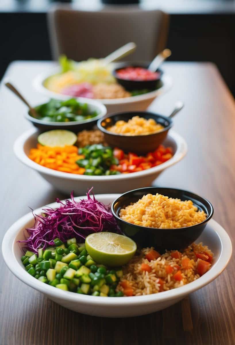 A table set with various colorful ingredients for poke bowls