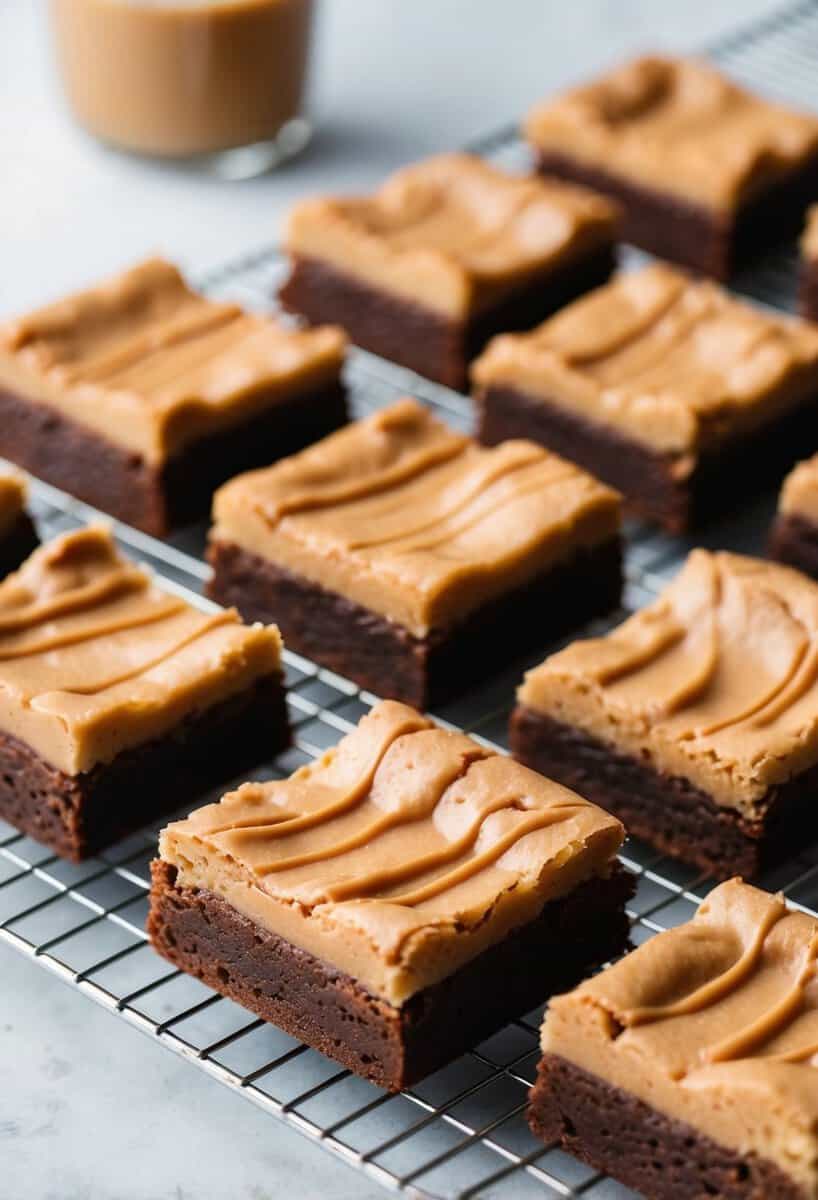 A tray of freshly baked peanut butter brownies cooling on a wire rack