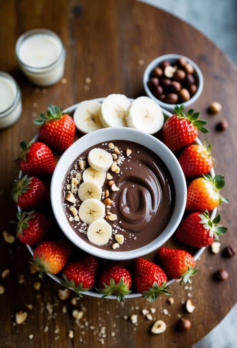 A Nutella Smoothie Bowl surrounded by fresh strawberries, banana slices, and a sprinkle of crushed hazelnuts, all presented on a wooden table