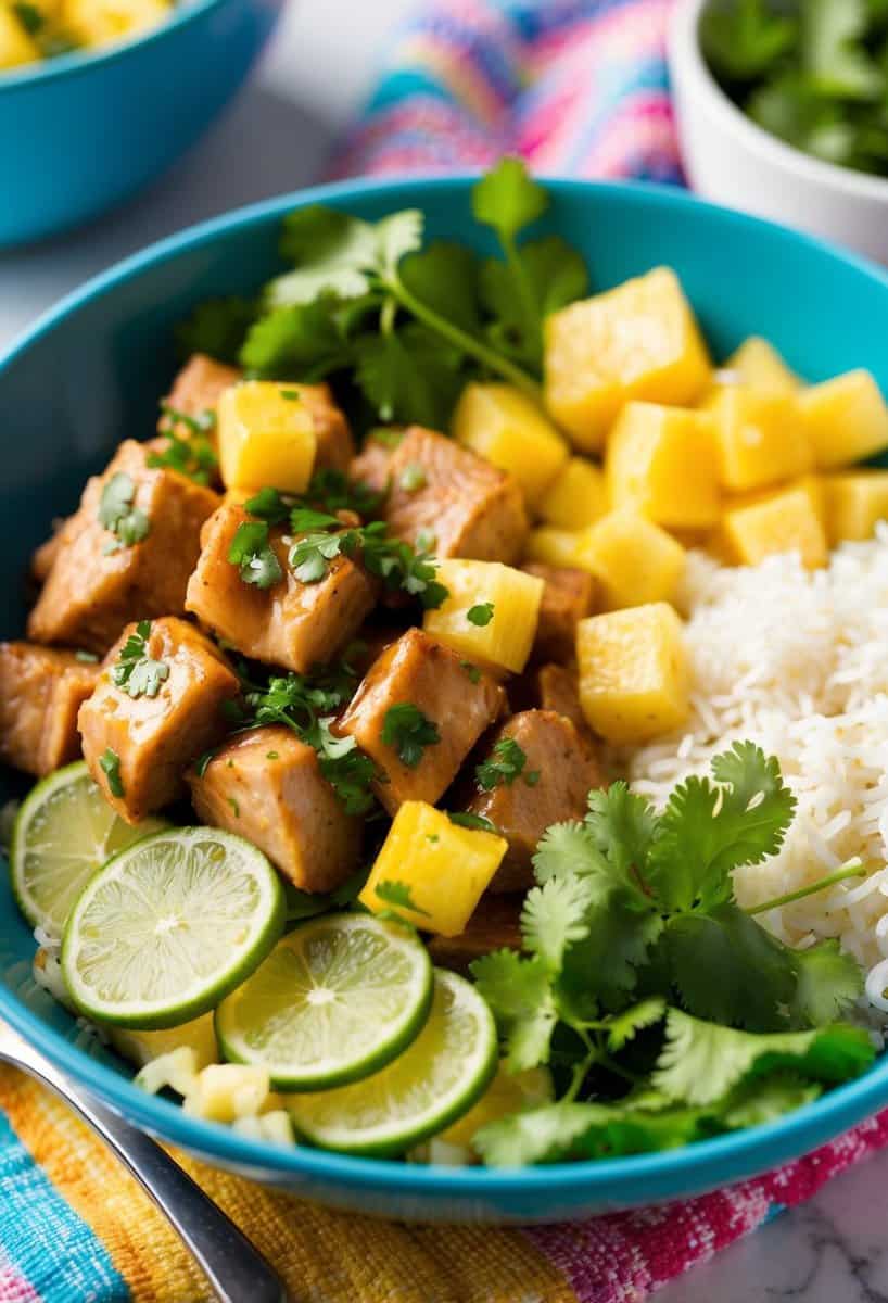 A colorful array of ingredients like marinated pork, pineapple, cilantro, and rice in a bowl