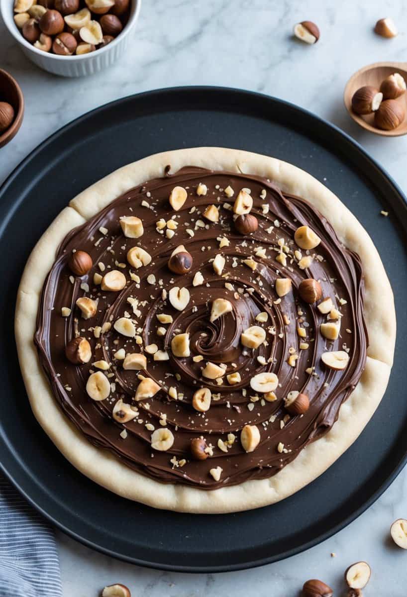 A round pizza crust spread with a thick layer of Nutella, topped with swirls of more Nutella and sprinkled with chopped hazelnuts