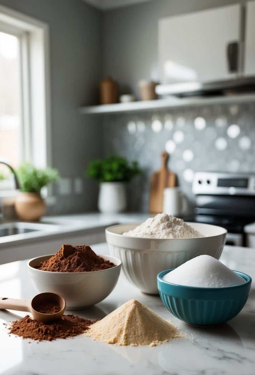 A kitchen counter with ingredients for vegan chocolate brownies: cocoa powder, flour, sugar, and a mixing bowl