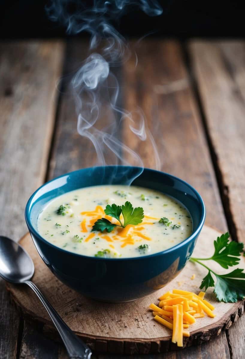 A steaming bowl of broccoli cheese soup sits on a rustic wooden table, garnished with a sprinkle of cheddar and a sprig of fresh parsley