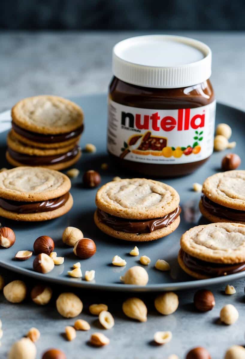 A plate of Nutella cookie sandwiches surrounded by scattered hazelnuts and a jar of Nutella