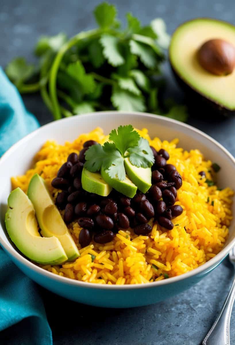 A colorful bowl filled with layers of vibrant yellow rice, topped with savory black beans, and garnished with fresh cilantro and sliced avocado