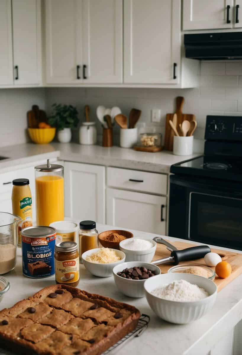 A kitchen counter filled with ingredients and baking tools for Blondie Brownies