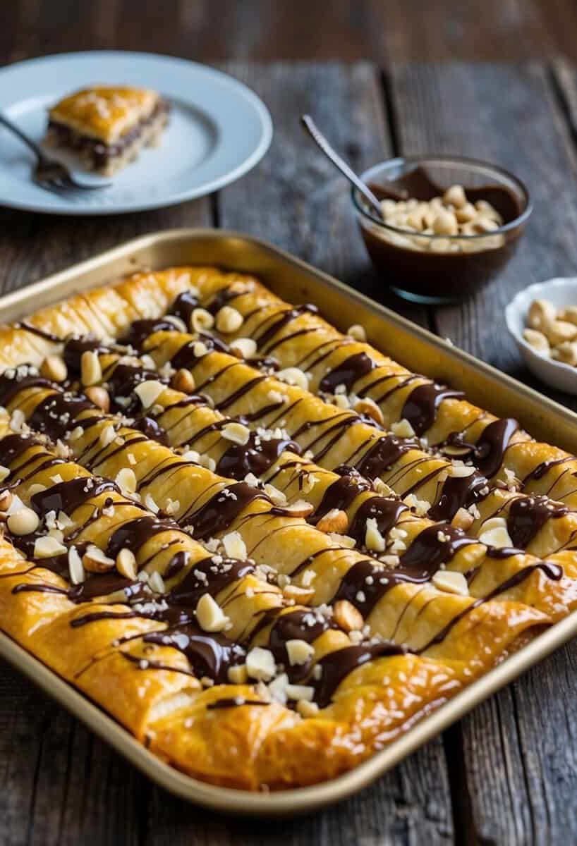 A golden tray of Nutella baklava, drizzled with chocolate and chopped hazelnuts, sits on a rustic wooden table