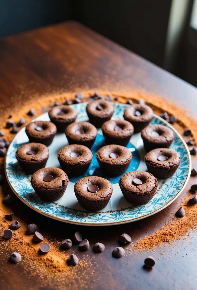 A table with a variety of mini brownie bites arranged on a decorative plate, surrounded by scattered cocoa powder and chocolate chips