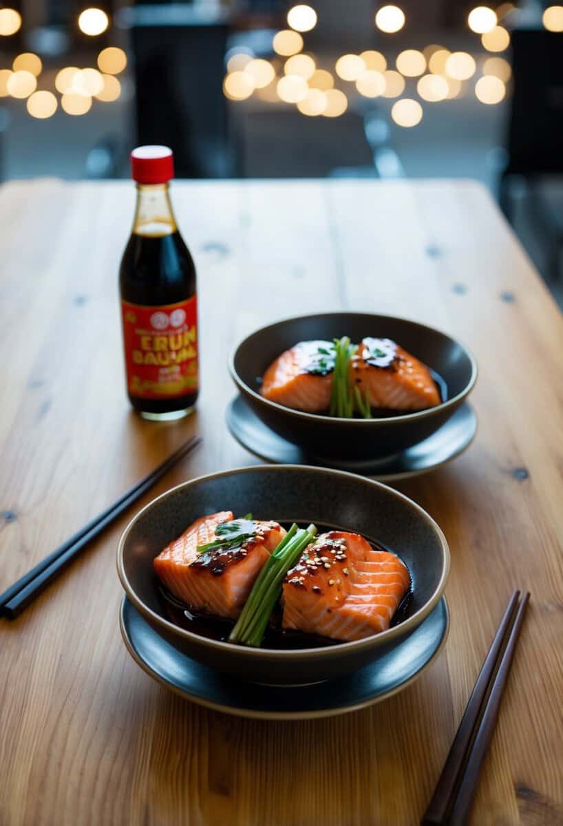 A wooden table with two teriyaki salmon bowls, chopsticks, and a bottle of soy sauce