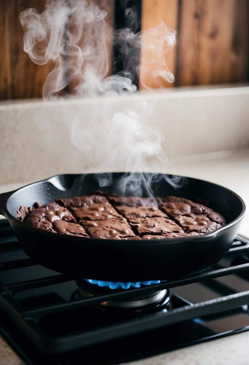 A skillet sits on a stovetop, filled with freshly baked brownies, steam rising from the rich, chocolatey dessert