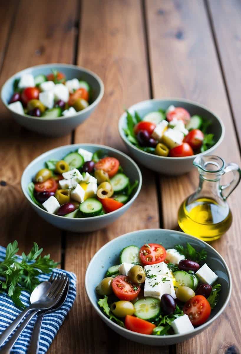 A wooden table set with three Greek salad bowls, filled with colorful ingredients like tomatoes, cucumbers, olives, and feta cheese, drizzled with olive oil and sprinkled with oregano