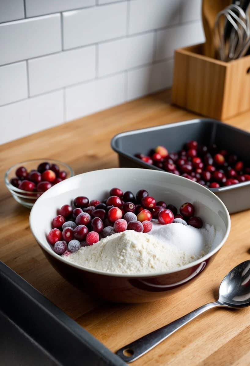 A bowl of cranberries, flour, and sugar on a kitchen counter. A mixing spoon and baking pan nearby