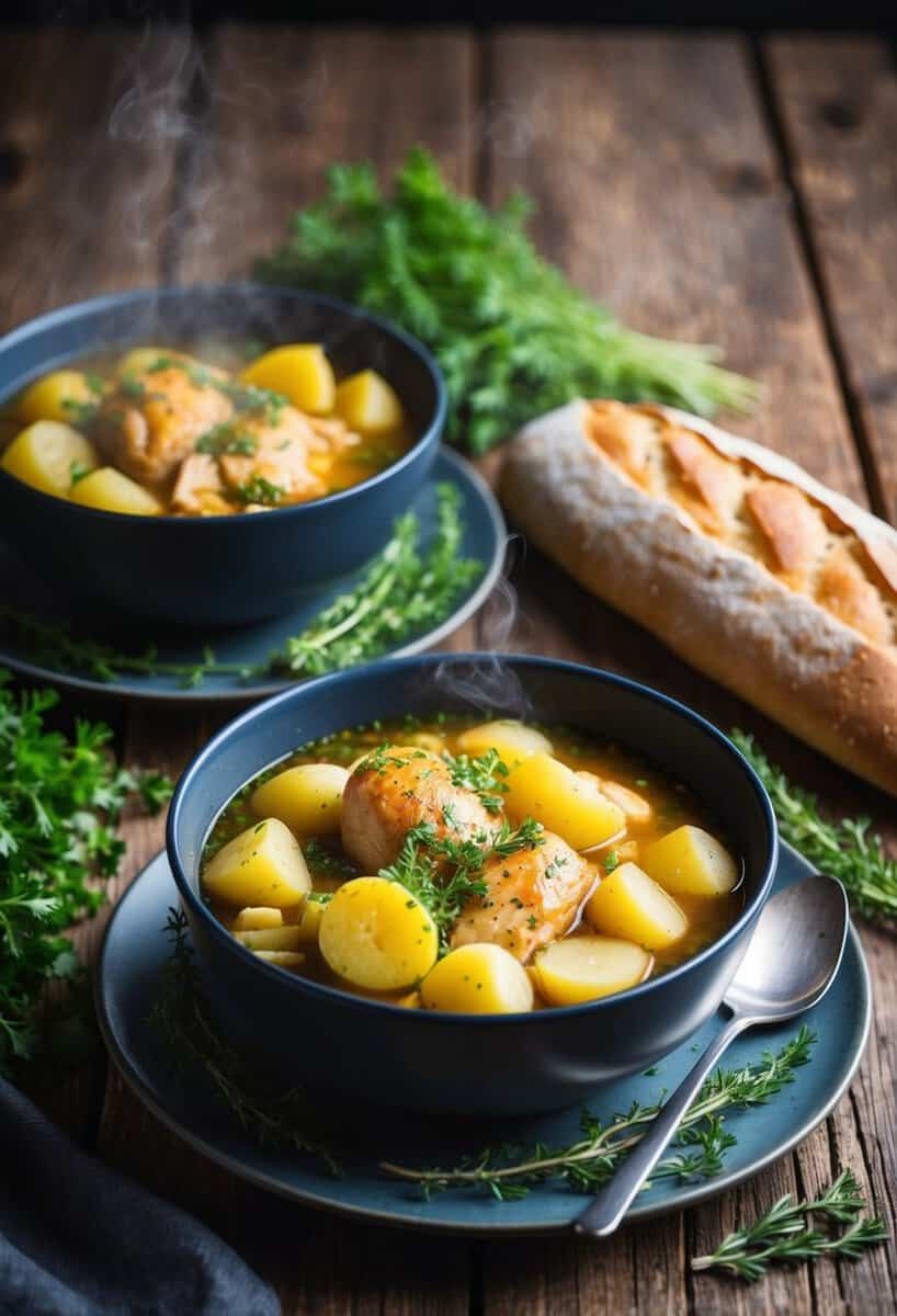 A rustic wooden table set with two steaming bowls of chicken and potato stew, surrounded by fresh herbs and a loaf of crusty bread