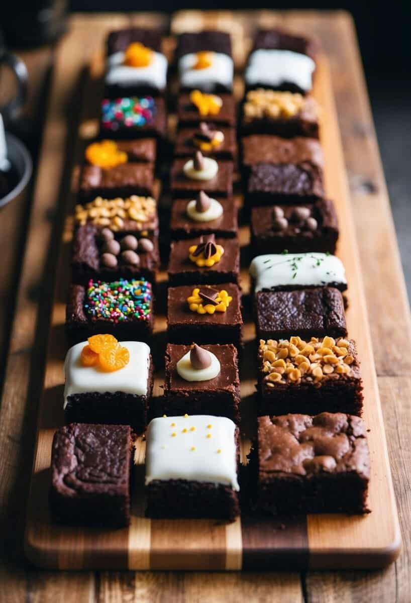 A table covered in a variety of cake-like brownies, with different toppings and decorations, arranged neatly on a wooden cutting board