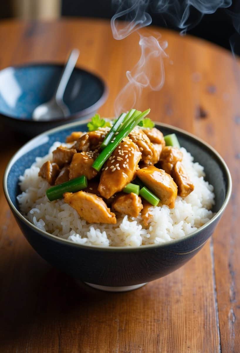 A steaming rice bowl topped with succulent oyster sauce chicken, garnished with fresh vegetables and sesame seeds, resting on a wooden table