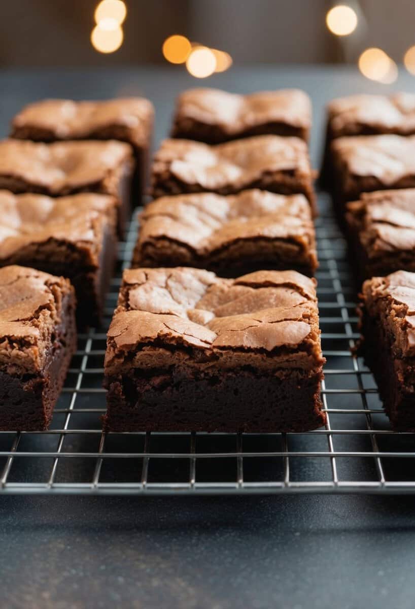 A tray of freshly baked brownies with a crinkly, crackly top, cooling on a wire rack