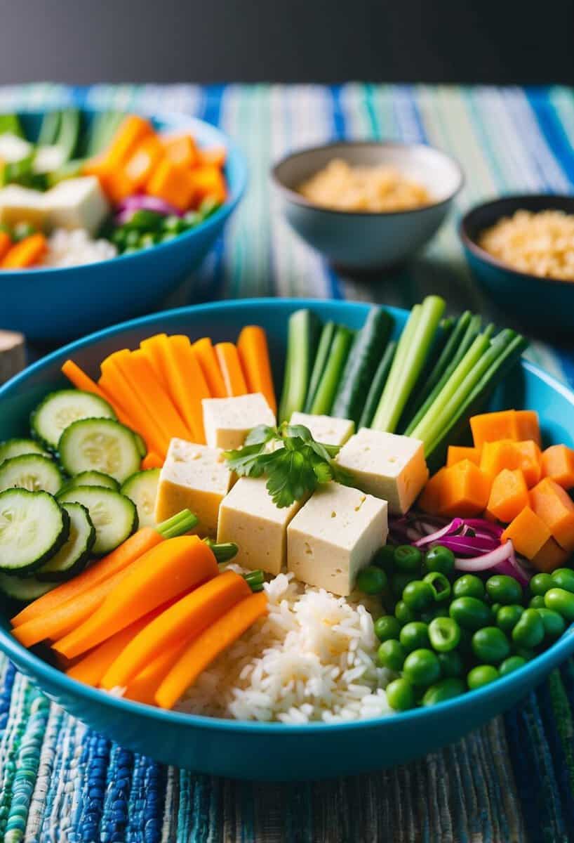 A colorful array of fresh vegetables, tofu, and rice arranged in a vibrant bowl