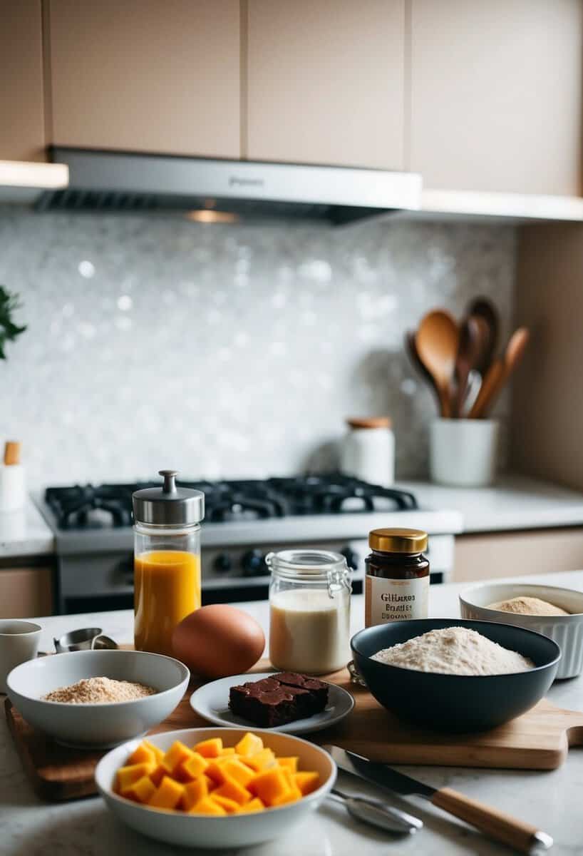 A kitchen counter with ingredients and utensils for making gluten-free brownies