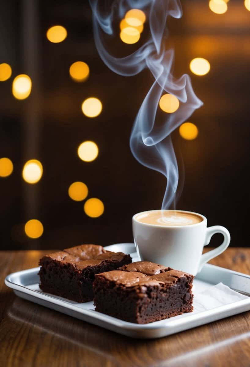 A steaming espresso cup sits next to a tray of freshly baked brownies, emanating a rich, aromatic scent