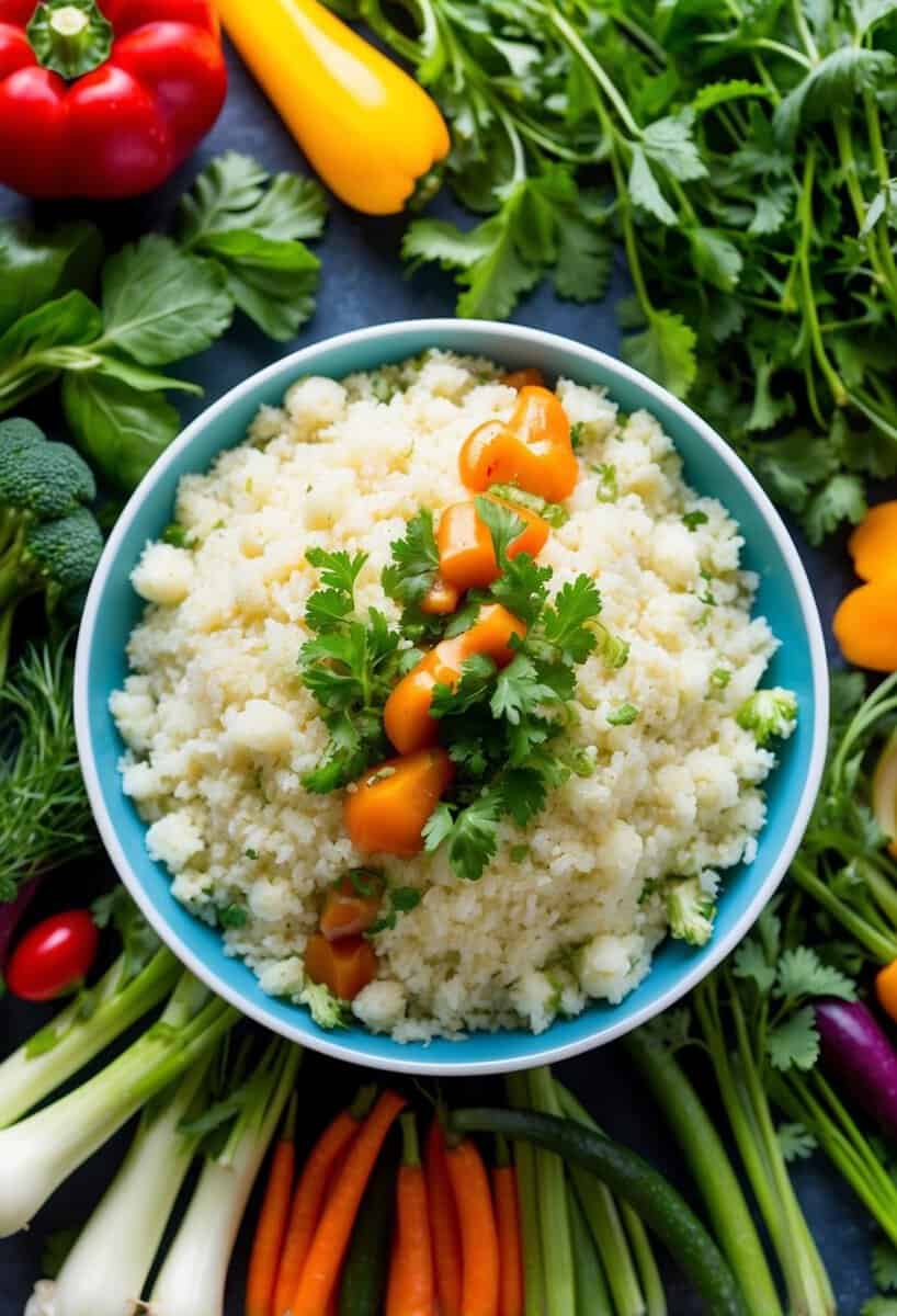 A colorful array of fresh vegetables and herbs arranged around a bowl of fluffy, white cauliflower rice, topped with a drizzle of savory sauce