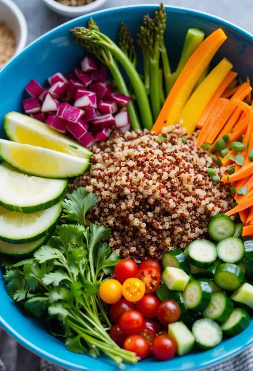 A colorful array of fresh vegetables, quinoa, and various toppings arranged in a vibrant bowl