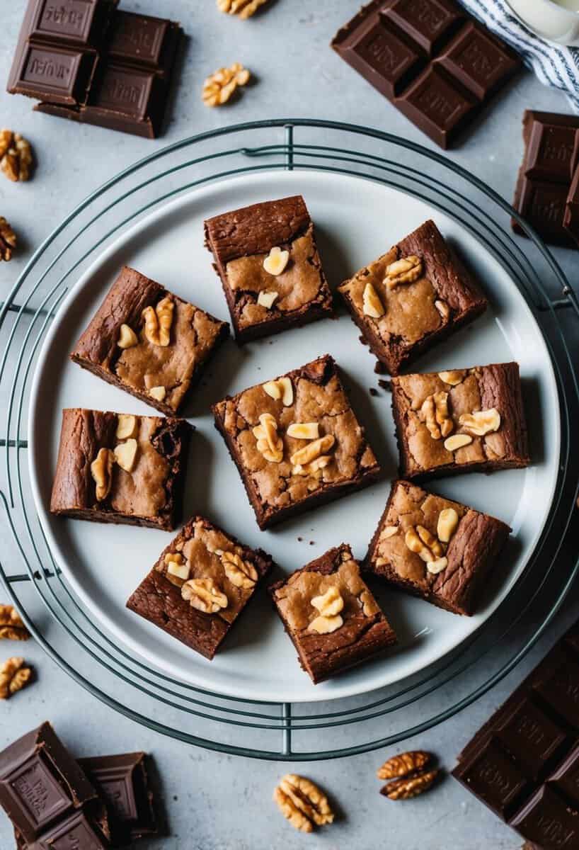 A plate of freshly baked Nutty Fudge Brownies cooling on a wire rack, surrounded by scattered walnuts and chunks of rich, dark chocolate