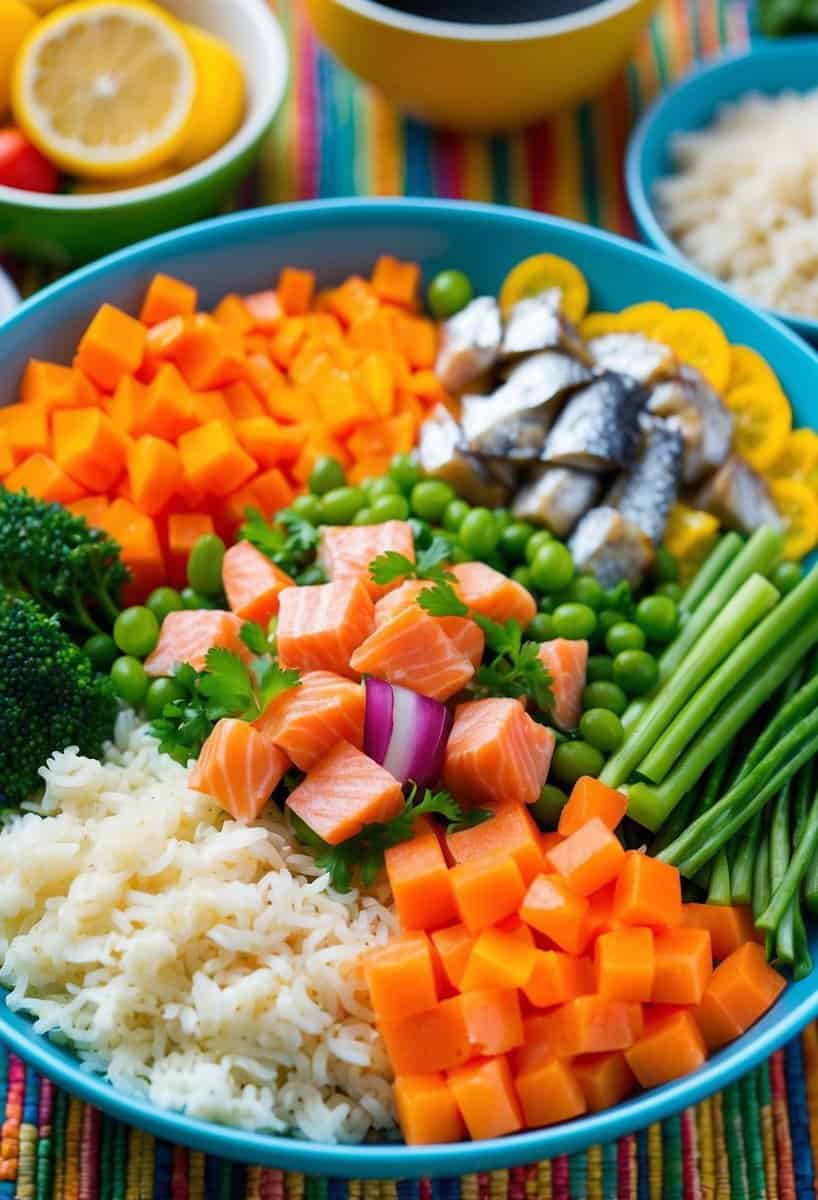 A colorful array of fresh vegetables, diced fish, and rice arranged in a vibrant bowl