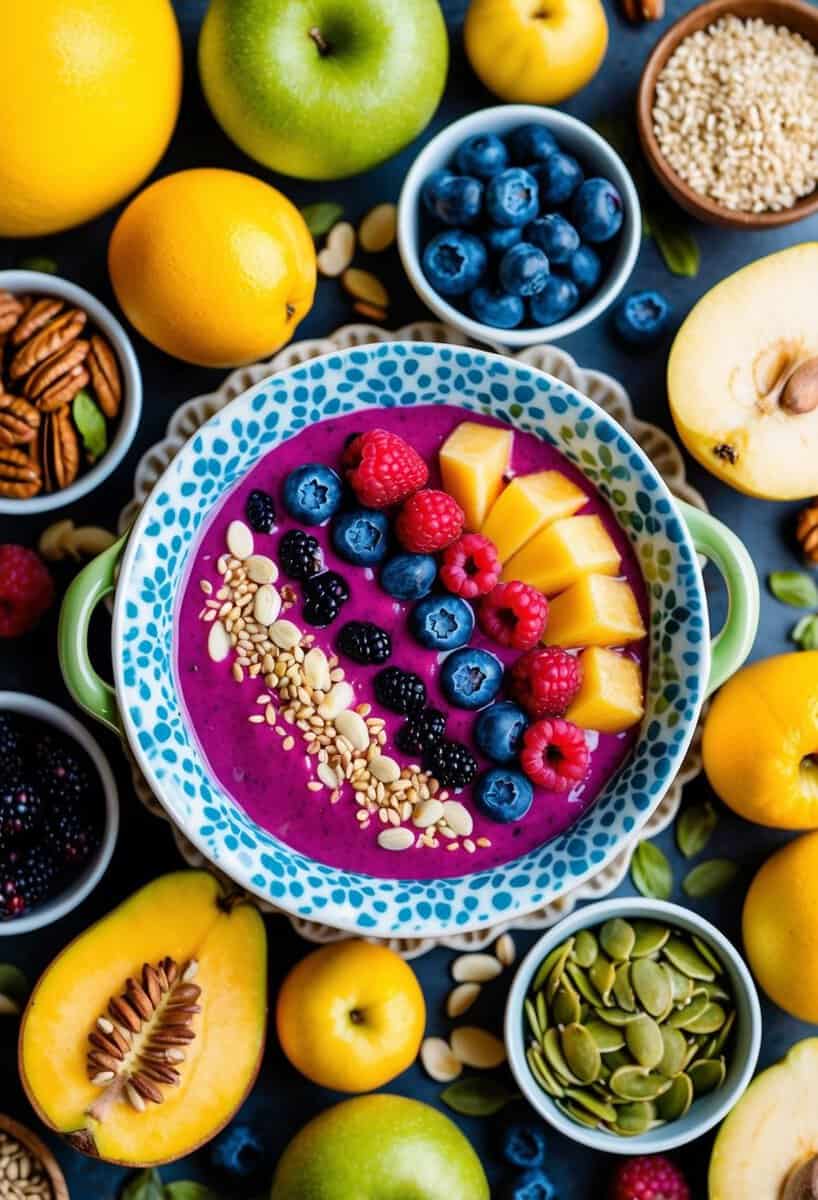 A colorful array of fresh fruits, nuts, and seeds arranged around a vibrant, dairy-free smoothie bowl in a decorative ceramic dish