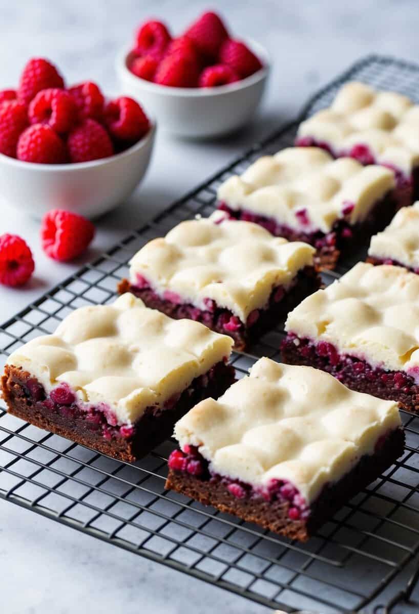 A tray of white chocolate raspberry brownies cooling on a wire rack. A bowl of fresh raspberries sits nearby