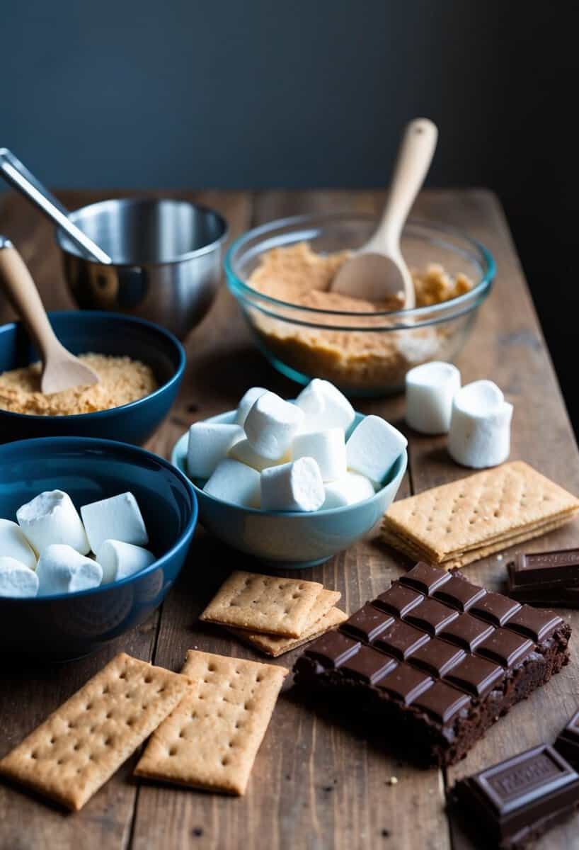 A table with ingredients for s'mores brownies, including marshmallows, graham crackers, and chocolate, surrounded by baking utensils and a mixing bowl