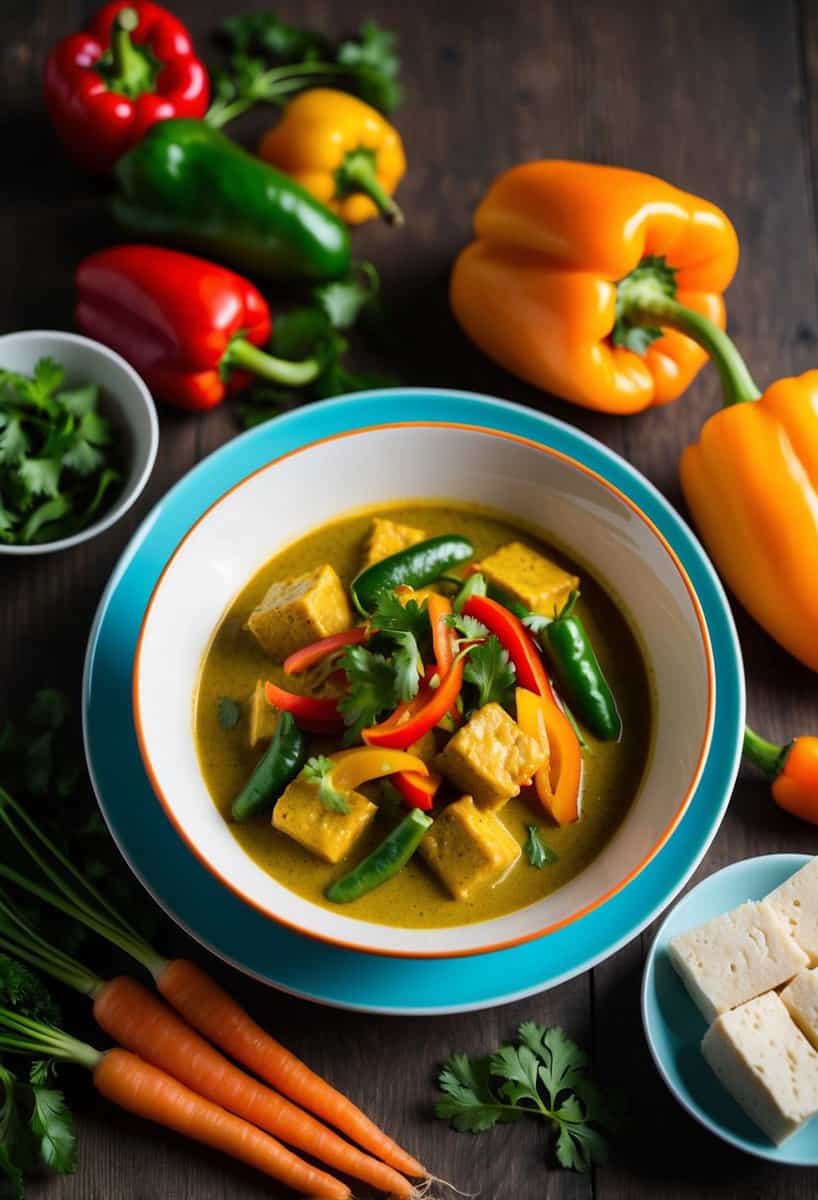 A colorful bowl filled with steaming vegetarian Thai curry, surrounded by vibrant, fresh ingredients like bell peppers, carrots, and tofu