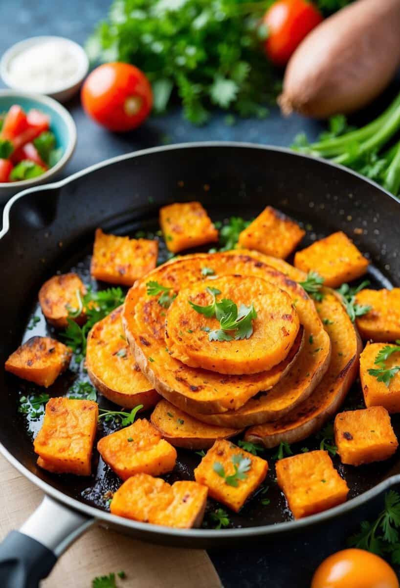 A sizzling skillet with golden sweet potato hash browns, accompanied by vibrant vegetables and fresh herbs