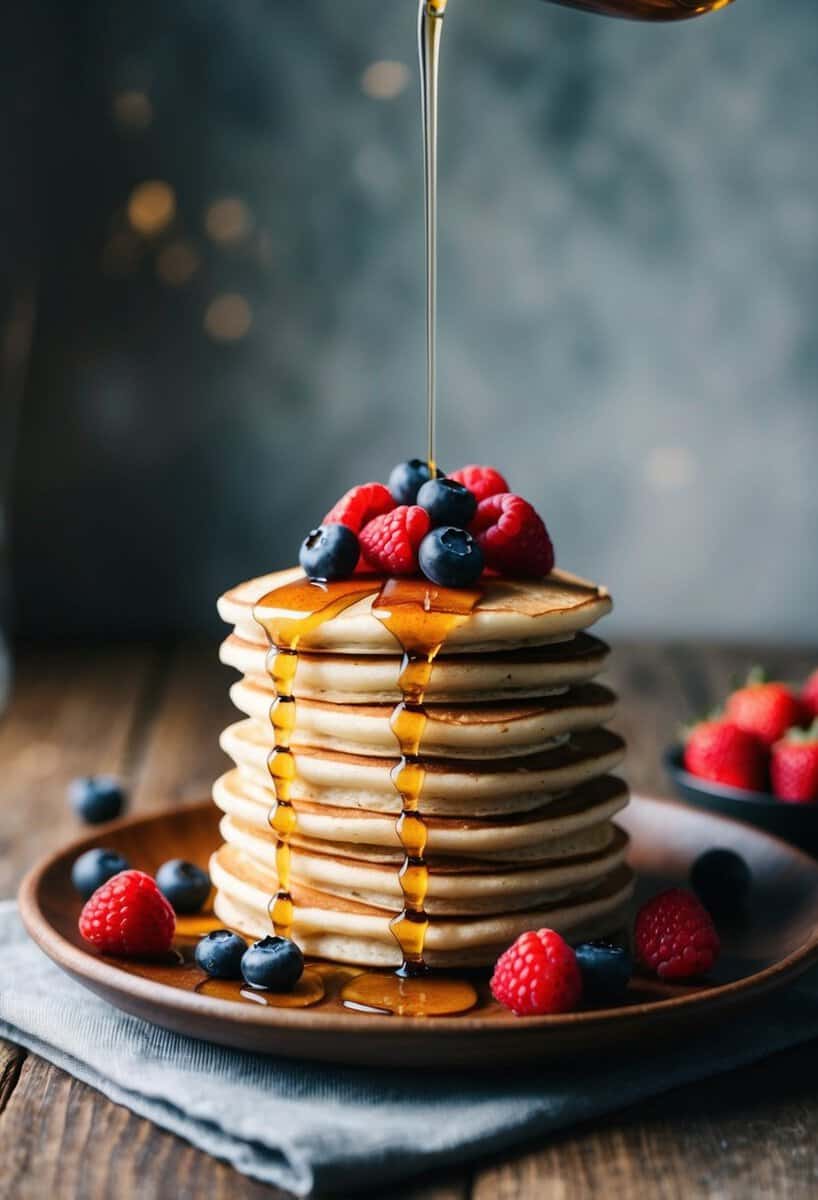 A stack of almond flour pancakes topped with fresh berries and drizzled with maple syrup, served on a rustic wooden plate