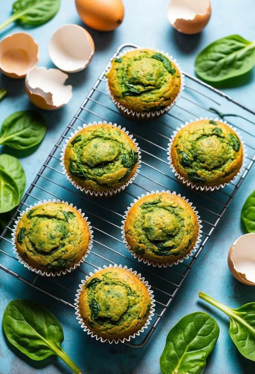 A tray of freshly baked spinach muffins cooling on a wire rack, surrounded by vibrant green spinach leaves and a few cracked eggshells