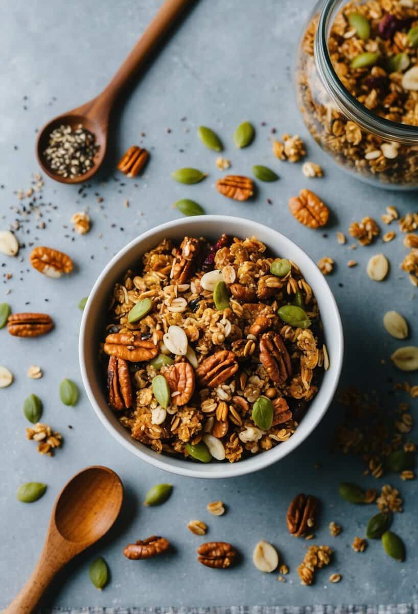 A bowl of paleo granola with nuts and seeds, surrounded by scattered ingredients and a rustic wooden spoon