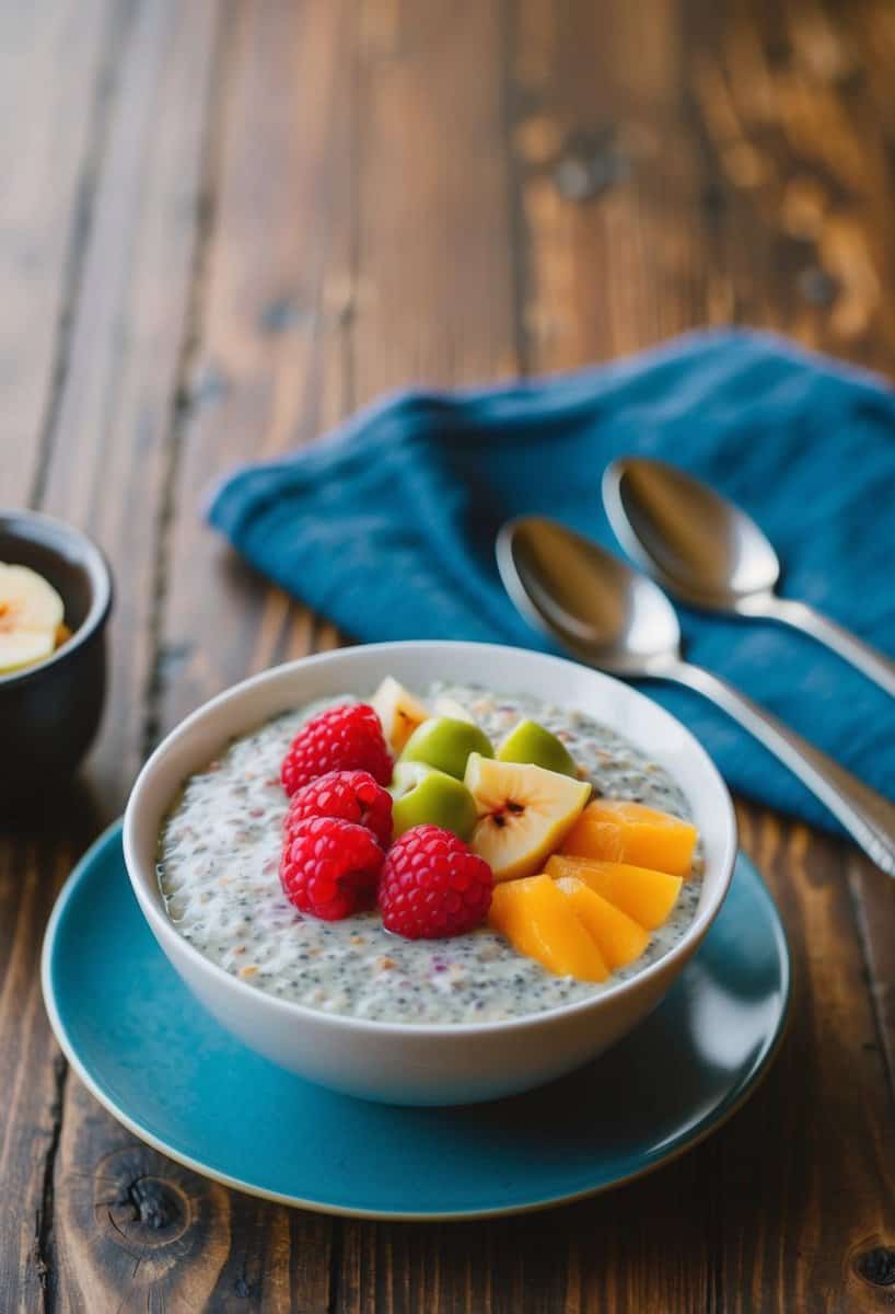 A bowl of chia pudding topped with coconut milk and fresh fruit on a wooden table