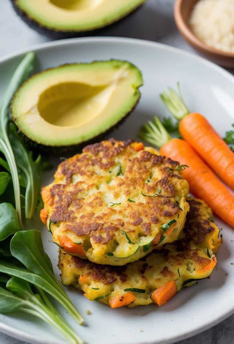 A plate of golden brown zucchini and carrot fritters with a side of fresh greens and sliced avocado