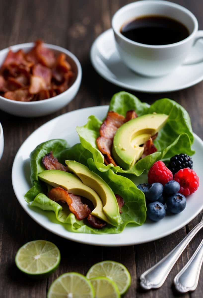 A plate of lettuce wraps filled with sliced avocado and crispy bacon, with a side of fresh berries and a cup of black coffee